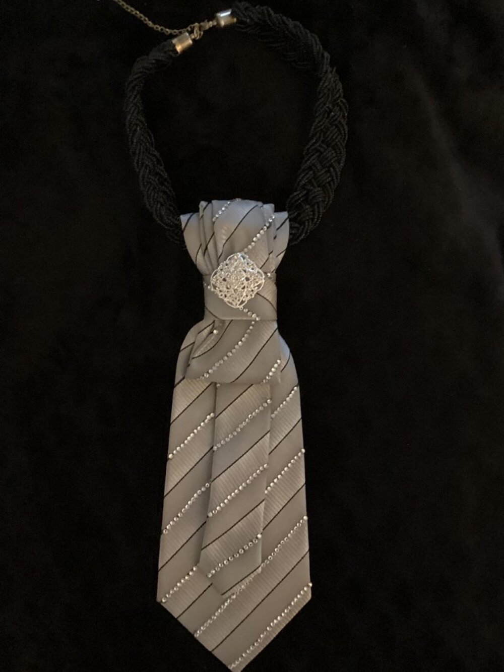 Upcycled Vintage Necktie Necklace | Silver & Black Glam Statement Piece | OOAK